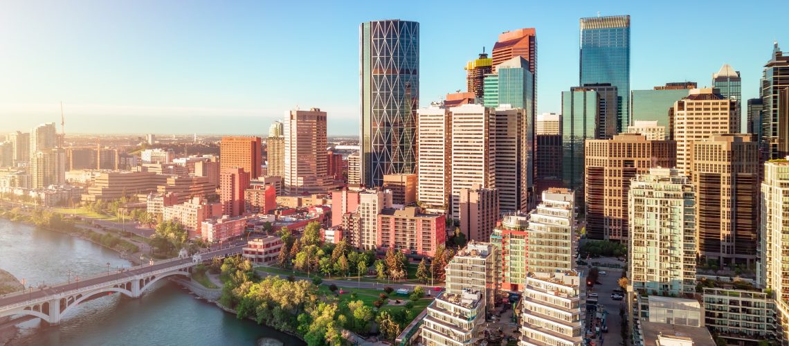 Downtown City buildings at sunrise. Calgary, Alberta, Canada.